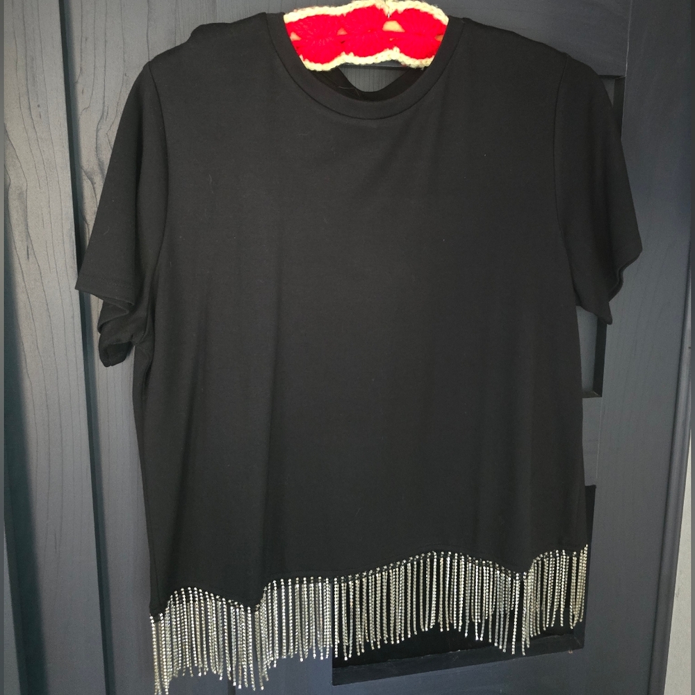 Black Joie T-Shirt with Sparkly Silver Fringe